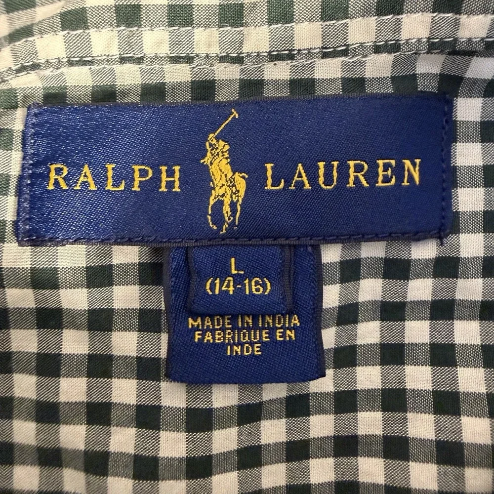 Ralph Lauren Shirt Boys Large 14-16 Green Gingham Button Down Long Sleeve Top